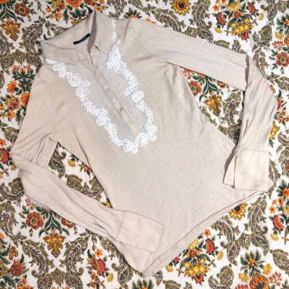 Elie Tahari Sweaters - Gorgeous SOFT Elie Tahari Cashmere Silk Lace Trim Polo Sweater Beige Tan M